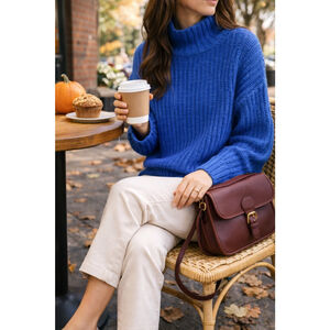 Anthro Maeve Blue Chunky Knit Sweater Mock Neck Cozy Oversized Small